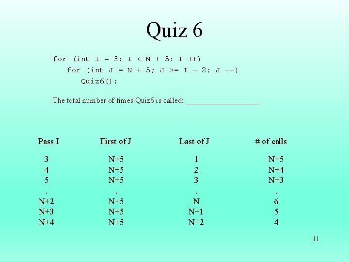 Quiz 6 for (int I = 3; I < N + 5; I ++)
