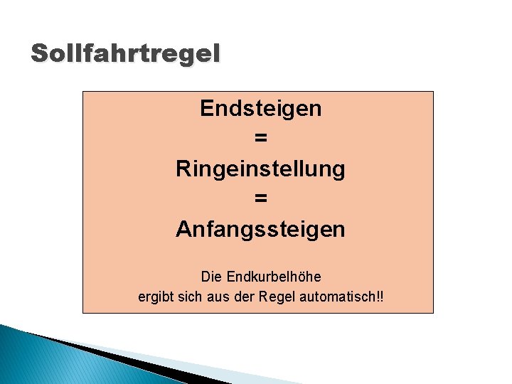 Sollfahrtregel Endsteigen = Ringeinstellung = Anfangssteigen Die Endkurbelhöhe ergibt sich aus der Regel automatisch!!