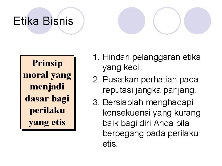 Etika Bisnis Prinsip moral yang menjadi dasar bagi perilaku yang etis 1. Hindari pelanggaran