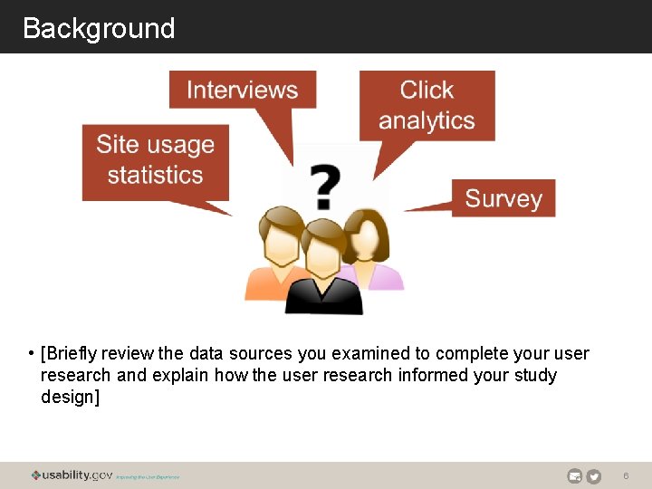 Background • [Briefly review the data sources you examined to complete your user research