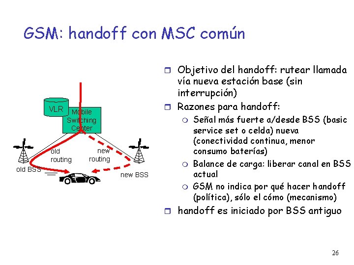 GSM: handoff con MSC común Objetivo del handoff: rutear llamada vía nueva estación base