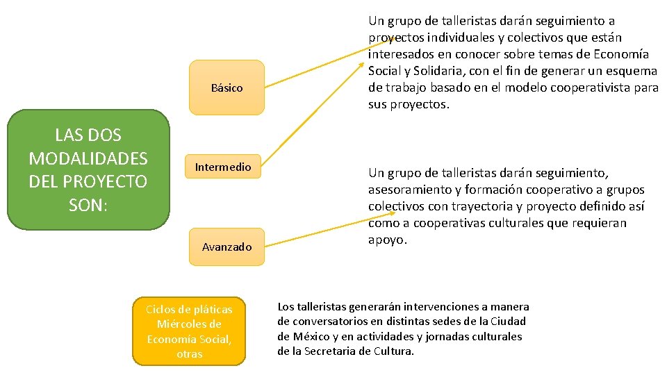 Básico LAS DOS MODALIDADES DEL PROYECTO SON: Intermedio Avanzado Ciclos de pláticas Miércoles de