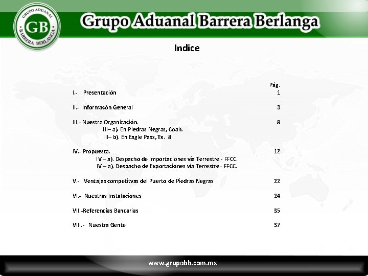 Indice Index Pág. 1 I. - Presentación II. - Informacón General 3 III. -