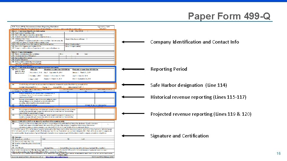 Paper Form 499 -Q Company Identification and Contact Info Reporting Period Safe Harbor designation