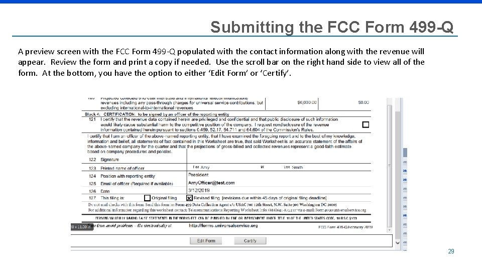 Submitting the FCC Form 499 -Q A preview screen with the FCC Form 499