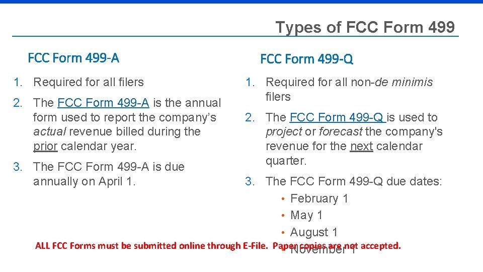 Types of FCC Form 499 -A 1. Required for all filers 2. The FCC