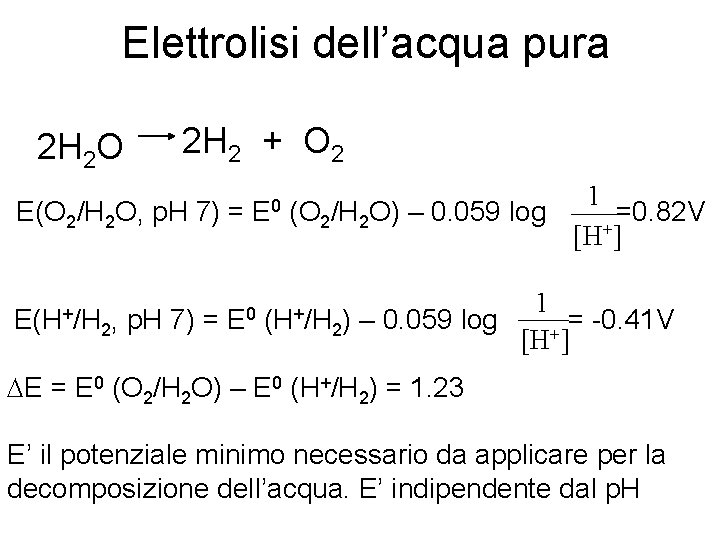 Elettrolisi dell’acqua pura 2 H 2 O 2 H 2 + O 2 E(O