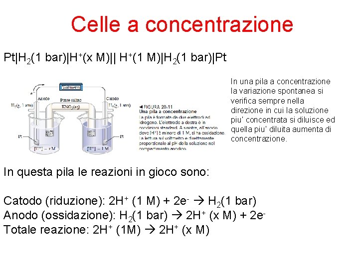 Celle a concentrazione Pt|H 2(1 bar)|H+(x M)|| H+(1 M)|H 2(1 bar)|Pt In una pila