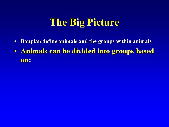 The Big Picture • Bauplan define animals and the groups within animals • Animals