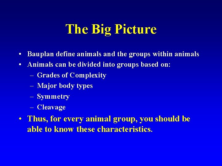 The Big Picture • Bauplan define animals and the groups within animals • Animals