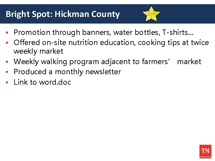 Bright Spot: Hickman County • Promotion through banners, water bottles, T-shirts… • Offered on-site