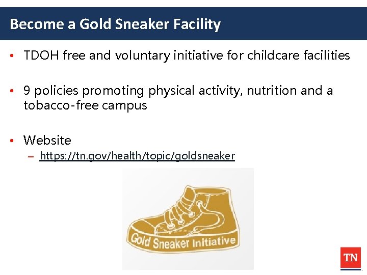 Become a Gold Sneaker Facility • TDOH free and voluntary initiative for childcare facilities