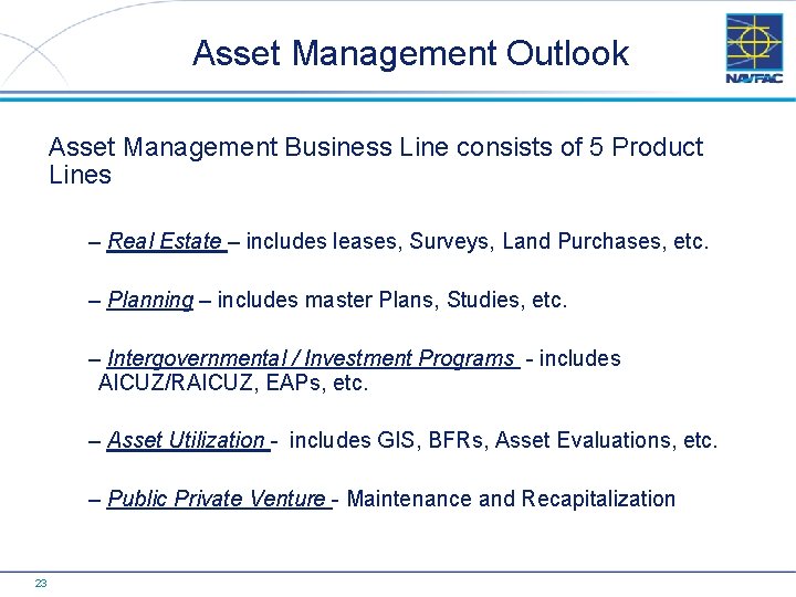 Asset Management Outlook Asset Management Business Line consists of 5 Product Lines – Real