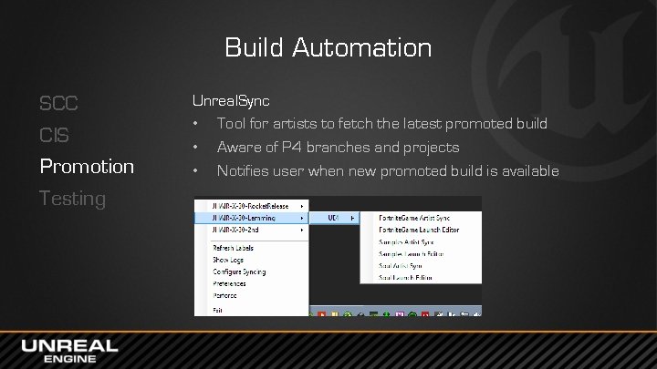 Build Automation SCC CIS Promotion Testing Unreal. Sync • Tool for artists to fetch