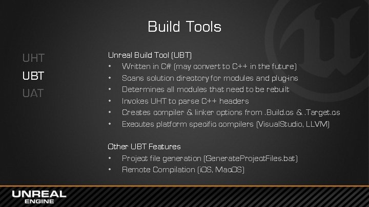 Build Tools UHT UBT UAT Unreal Build Tool (UBT) • Written in C# (may