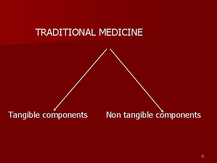 TRADITIONAL MEDICINE Tangible components Non tangible components 6 