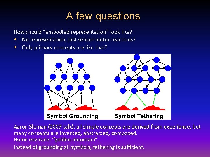 A few questions How should “embodied representation” look like? • No representation, just sensorimotor