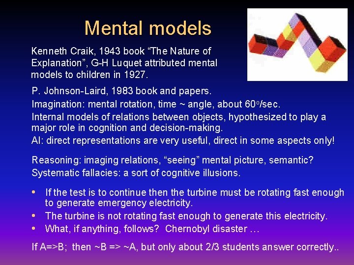 Mental models Kenneth Craik, 1943 book “The Nature of Explanation”, G-H Luquet attributed mental