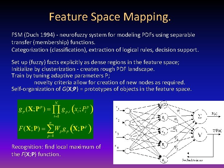 Feature Space Mapping. FSM (Duch 1994) - neurofuzzy system for modeling PDFs using separable