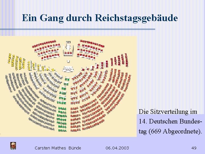 Ein Gang durch Reichstagsgebäude Die Sitzverteilung im 14. Deutschen Bundestag (669 Abgeordnete). Carsten Mathes