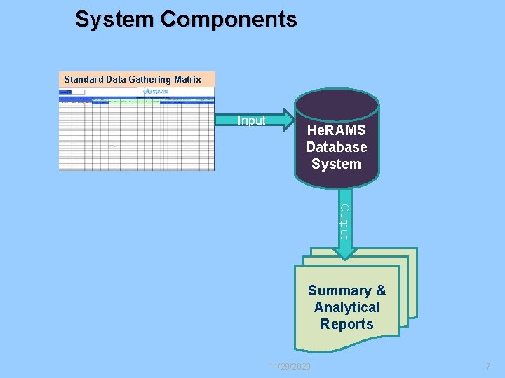 System Components Standard Data Gathering Matrix Input He. RAMS Database System Output Summary &