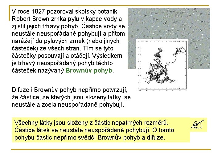 V roce 1827 pozoroval skotský botanik Robert Brown zrnka pylu v kapce vody a