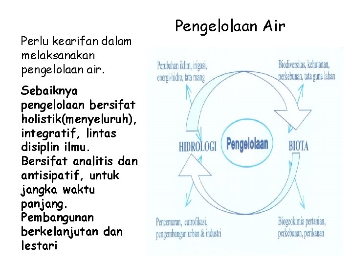 Perlu kearifan dalam melaksanakan pengelolaan air. Sebaiknya pengelolaan bersifat holistik(menyeluruh), integratif, lintas disiplin ilmu.