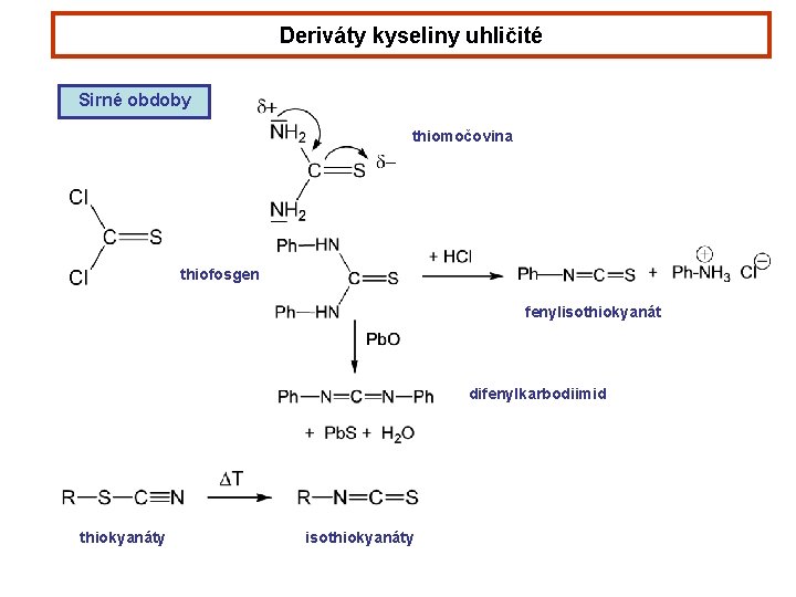 Deriváty kyseliny uhličité Sirné obdoby thiomočovina thiofosgen fenylisothiokyanát difenylkarbodiimid thiokyanáty isothiokyanáty 