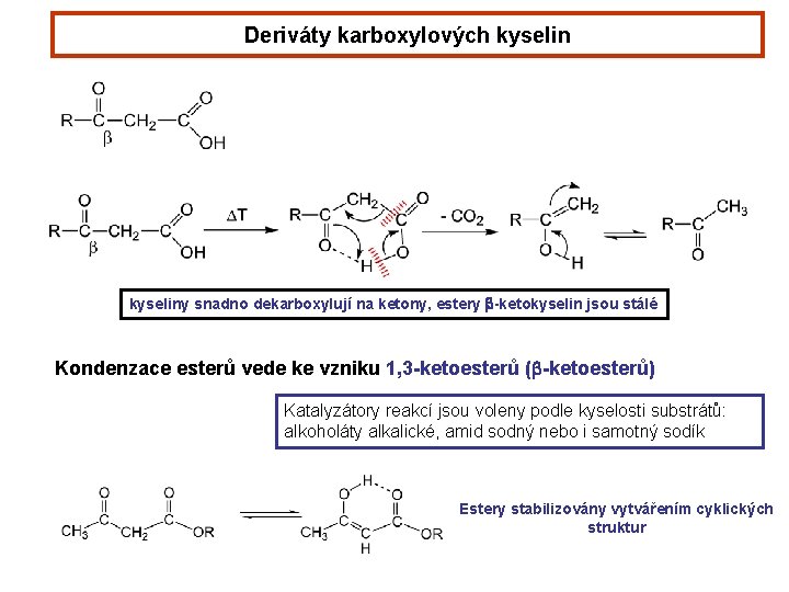Deriváty karboxylových kyseliny snadno dekarboxylují na ketony, estery b-ketokyselin jsou stálé Kondenzace esterů vede