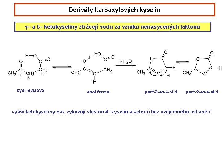 Deriváty karboxylových kyselin g- a d- ketokyseliny ztrácejí vodu za vzniku nenasycených laktonů kys.