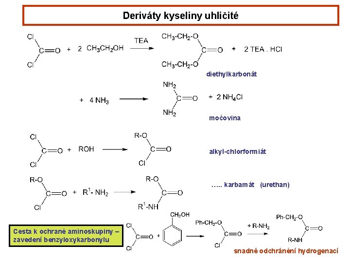 Deriváty kyseliny uhličité diethylkarbonát močovina alkyl-chlorformiát …. . karbamát (urethan) Cesta k ochraně aminoskupiny