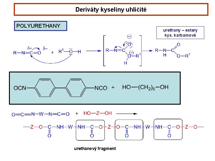 Deriváty kyseliny uhličité POLYURETHANY urethany – estery kys. karbamové urethanový fragment 