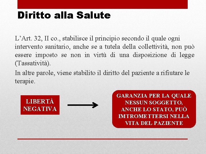  Diritto alla Salute L’Art. 32, II co. , stabilisce il principio secondo il