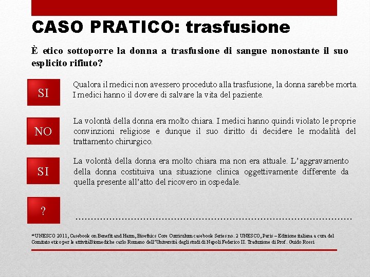 CASO PRATICO: trasfusione È etico sottoporre la donna a trasfusione di sangue nonostante il