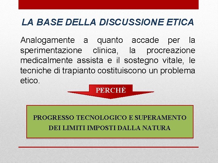 LA BASE DELLA DISCUSSIONE ETICA Analogamente a quanto accade per la sperimentazione clinica, la