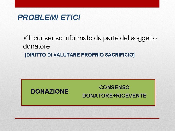 PROBLEMI ETICI üIl consenso informato da parte del soggetto donatore [DIRITTO DI VALUTARE PROPRIO