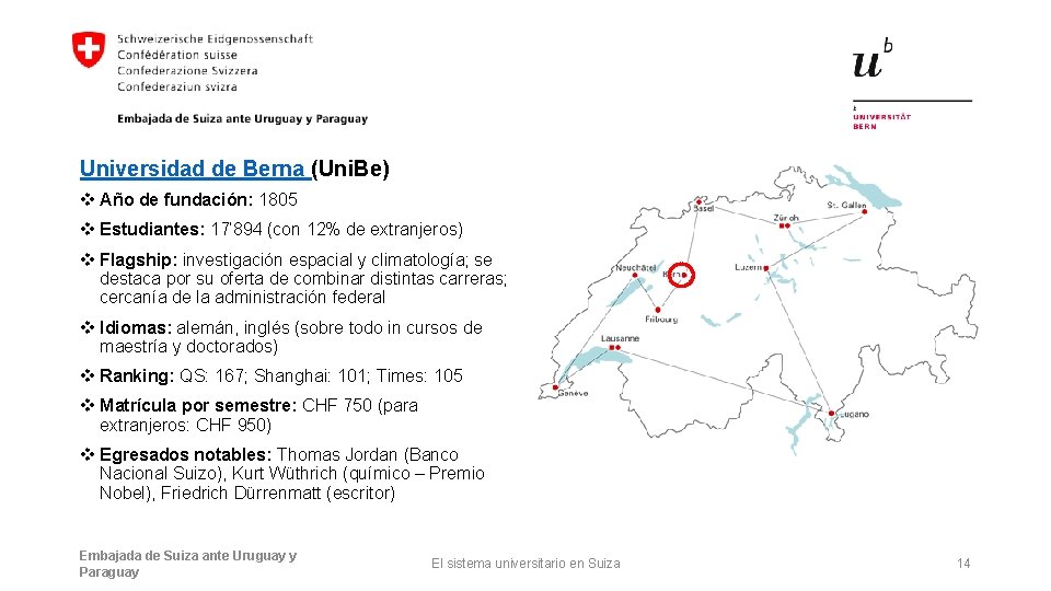 Universidad de Berna (Uni. Be) v Año de fundación: 1805 v Estudiantes: 17’ 894