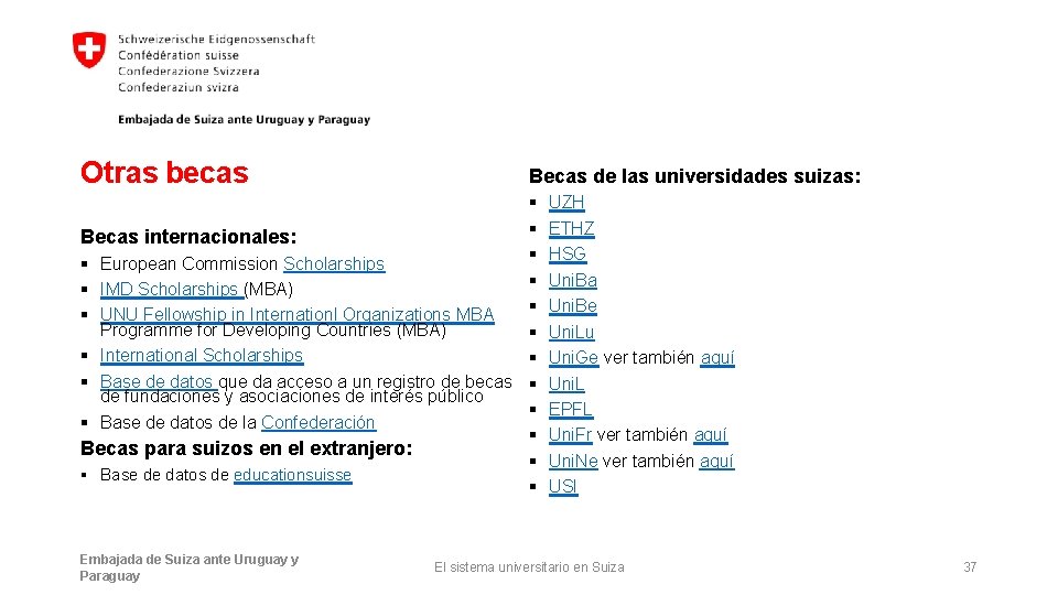Otras becas Becas de las universidades suizas: § § Becas internacionales: § § European