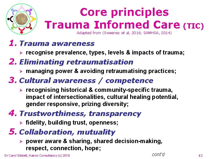 Core principles Trauma Informed Care (TIC) Adapted from (Sweeney et al, 2016; SAMHSA, 2014)