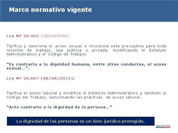 Marco normativo vigente Ley Nº 20. 005 (18/03/2005): Tipifica y sanciona el acoso sexual