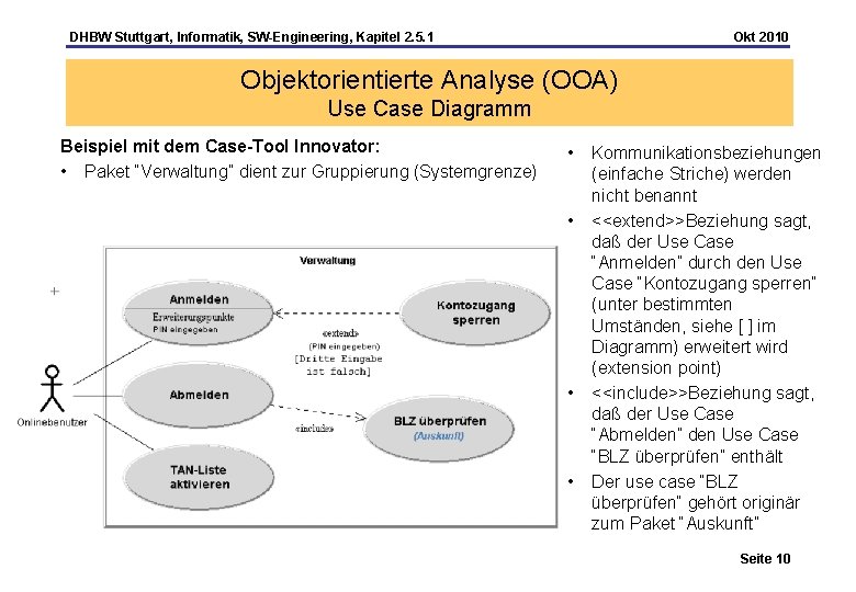 DHBW Stuttgart, Informatik, SW-Engineering, Kapitel 2. 5. 1 Okt 2010 Objektorientierte Analyse (OOA) Use