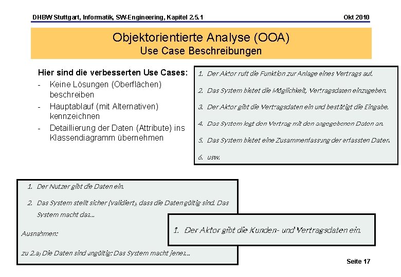 DHBW Stuttgart, Informatik, SW-Engineering, Kapitel 2. 5. 1 Okt 2010 Objektorientierte Analyse (OOA) Use