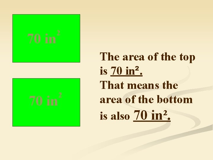 70 in 2 The area of the top is 70 in². That means the