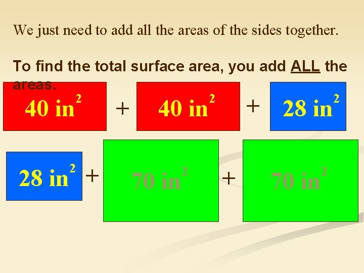 We just need to add all the areas of the sides together. To find