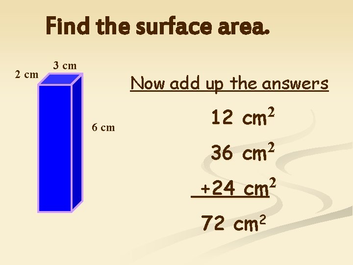 Find the surface area. 2 cm 3 cm Now add up the answers 6