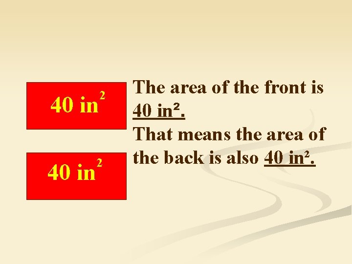 40 in 2 2 The area of the front is 40 in². That means