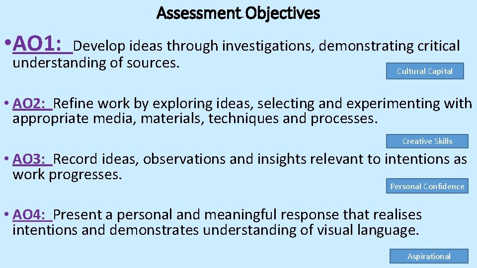 Assessment Objectives • AO 1: Develop ideas through investigations, demonstrating critical understanding of sources.