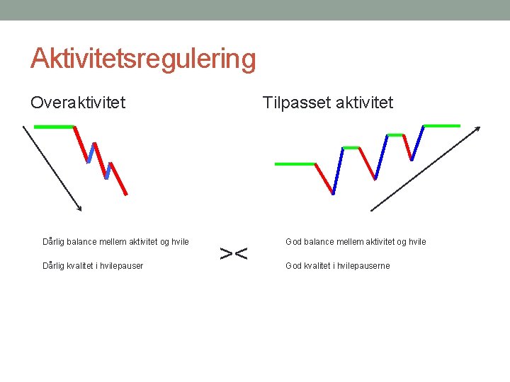 Aktivitetsregulering Overaktivitet Dårlig balance mellem aktivitet og hvile Dårlig kvalitet i hvilepauser Tilpasset aktivitet