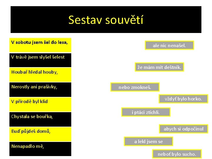 Sestav souvětí V sobotu jsem šel do lesa, ale nic nenašel. V trávě jsem