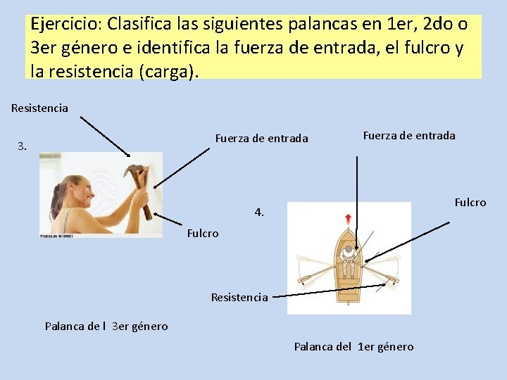 Ejercicio: Clasifica las siguientes palancas en 1 er, 2 do o 3 er género